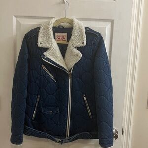 Levi's Dark Blue Quilted Jean Jacket with White Shearling Collar